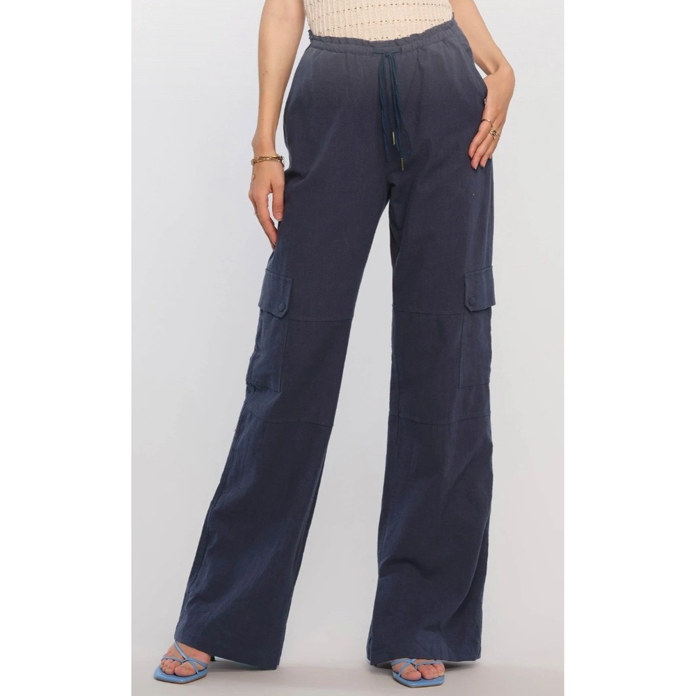 HEARTLOOM Valentina Cargo Pants Womens M Navy Linen Blend Grunge Wide Leg